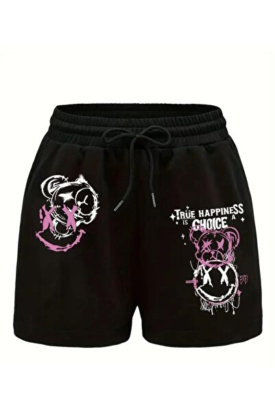 caddekombin شورت برمودا مطبوع عليه The Happines للسيدات مع حبل جيب مريح باللو...