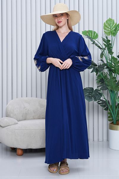 AYASOFYA OTANTIK Women's Navy Blue Embroidery Detailed Long Sleeve Long Dress