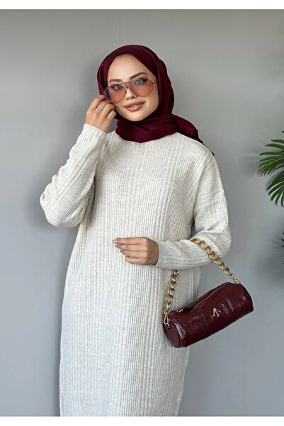 Gülce moda Uyumlu Fitilli Triko Elbise Ekru