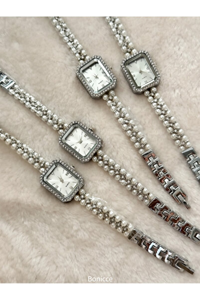 Bonicce Retro Silver Color Pearl Cord, Rectangular Cornered Case Women's Wristwatch in Special Gift Box
