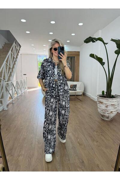 AB LOOKS طقم كتان أسود مكون من قطعتين - قميص وبنطلون بنمط عرقي، طقم صيفي كبير...