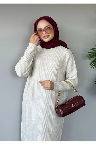 Gülce moda Πλεκτό φόρεμα εκρού με ραβδώσεις - ασορτί