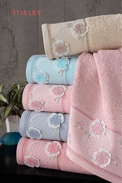Fiesta 50X90 cm Lily 3D Embroidered 100% Curl White Hand Face Towel Set 6 Pieces