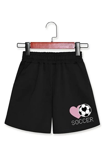 caddekombin Γυναικείο σορτς μαύρο με στάμπα καρδιάς ποδοσφαίρου με τσέπες και κορδόνι Comfort Fit
