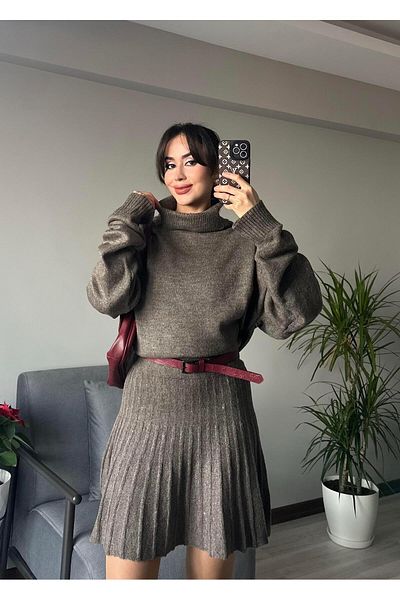 AB LOOKS Καφέ Χειμερινή Μίνι Φούστα και Πουλόβερ - Βαμβακερό Τρι Σετ