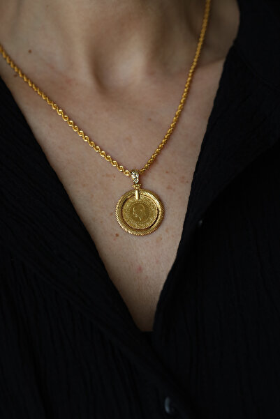 Yenigün Kuyumculuk 14 Ayar Altın Balıksırtı Çerçevede 22 Ayar Altın Çeyrekli Kolye Ucu