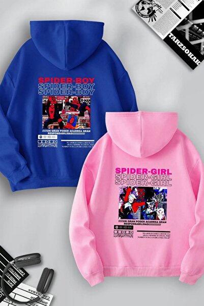 Tarzsokak Sevgili Çift Kombin Spider Boy ve Girl SIRT Baskılı Özel Tasarım Ka...