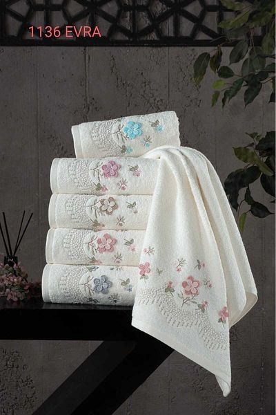 Fiesta 30X50 cm 3D Embroidered 100% Curl Cream 6 Pieces Kitchen Towels