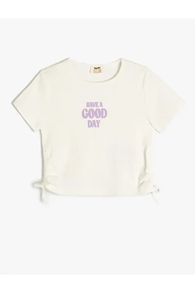Koton Girl's Side Gathered Printed Crop T-Shirt