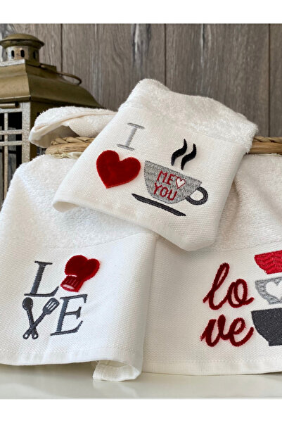 ERISHOMEE MARIBOR-PREMIUM- LOVE V1 Prosop de bucătărie brodat 70% BAMBUS, 30% bumbac - Crem Set 3 30*50