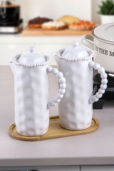 Sezka Life Set of 2 Porcelain Beads Oil Pot Vinegar Set with Oil Pot and Wooden Base 1000 ml