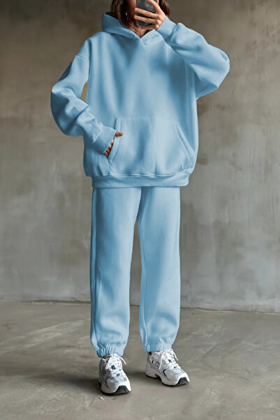 ruNadeS Kadın Polar Rahat Kesim Kanguru Cepli Kapüşonlu Eşofman Takımı - Casual