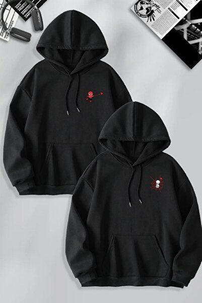 Tarzsokak Sevgili Çift Kombin Spiderman ve Kız Ağ Baskılı Özel Tasarım Kapüşo...