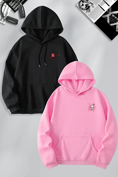 Tarzsokak Sevgili Çift Kombin Spiderman ve Kız Ağ Baskılı Özel Tasarım Kapüşo...