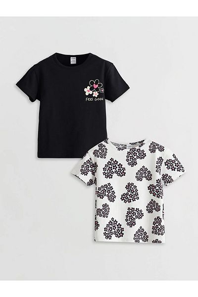 LC Waikiki Lcw Kids Ecru Crew Neck Floral Girls' T-Shirt 2-Piece