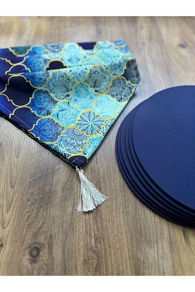 HALFART Saks Moroccan Duck Linen Runner și set de 6 Supla bleumarin