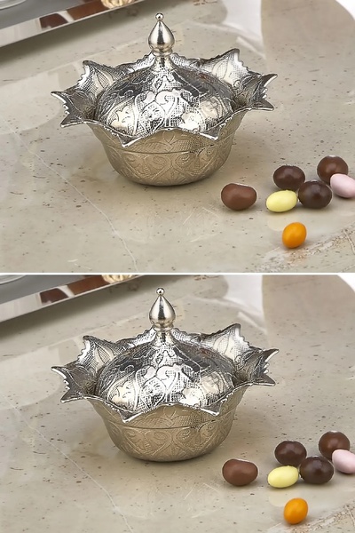 BİTERSE Hediyelik Kapaklı Hurmalık Şekerlik Lokumluk Gül Tas Nikel Renk