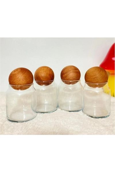ŞAKİLATA CONCEPT 4-Piece Ball Wooden Lid Glass Jar Spice Rack Sugar Bowl Snack Bowl