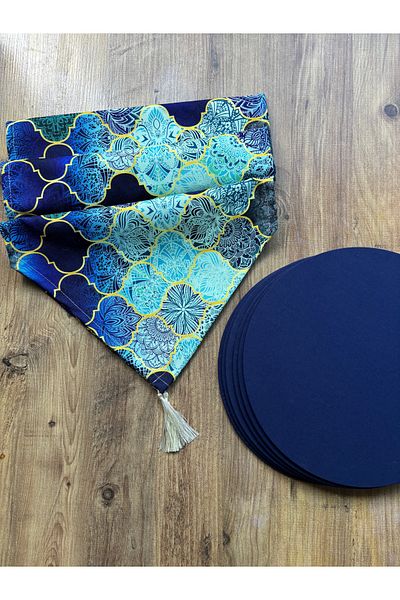HALFART Saks Moroccan Duck Linen Runner și set de 6 Supla bleumarin