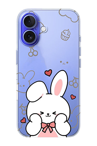 moonset Iphone 16 Plus Uyumlu Sevimli Tavşan Tasarımlı Baskılı Şeffaf Telefon...