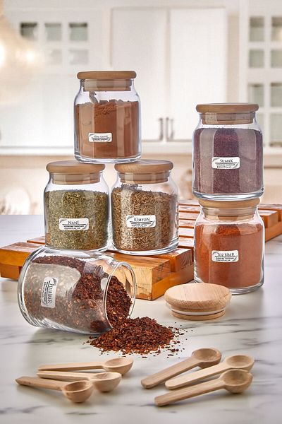 ESIVITALIA Labeled 6-Piece Luxury Spice Set with Bamboo Lid and Spoon 300 ml