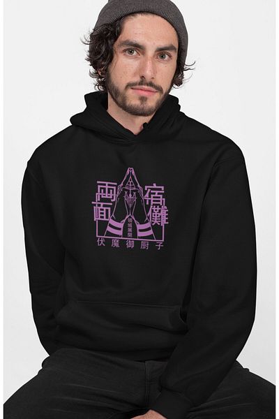 Fuddy Moda Oversize Purple Sukuna Back Printed Hooded Sweatshirt, Unisex Jujutsu Kaisen Anime Hoodie
