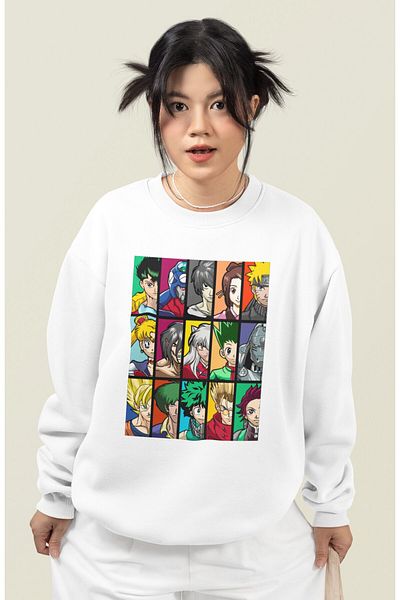 Fuddy Moda Φούτερ χωρίς κουκούλα με στάμπα Anime Oversize, Φούτερ με λαιμόκοψη με θέμα Anime Unisex