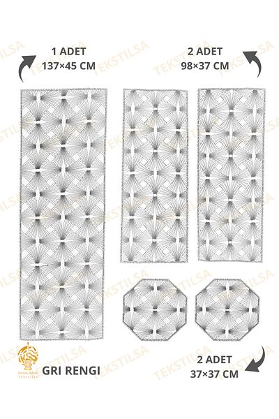 Tekstilsa Luxury Runner Living Room Coffee Table Table Cover Set French Laced Dowry Set (GREY) 5 Pieces Rectangular