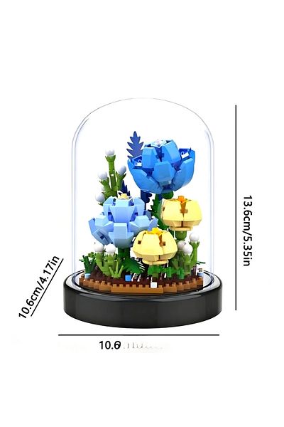 DEK Building Block Set of Blue and Yellow Flowers in Glass Fan - Decorative Flower Arrangement