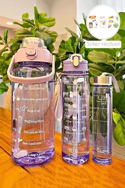 Mallame Soft Purple 3-Piece Sports Water Bottle - Portable Water Bottle with Transparent Motivational Sticker, Unscented Water Bottle and Straw