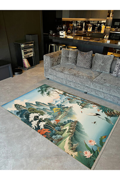 Rugs Modern Halı Semih Koleksiyonu Renkli Çiçekler ve Nehirdeki Pelikan Desen...