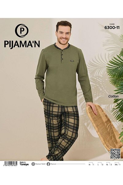 Pijamoni Ανδρικό σετ πιτζάμες με μακρυμάνικο γιακά με βαμβακερό κουμπί 100/11 - 1 Τεμάχιο