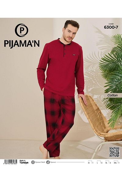 Pijamoni Ανδρικό σετ πιτζάμες με μακρυμάνικο γιακά με βαμβακερό κουμπί 100/7 - 1 τεμάχιο