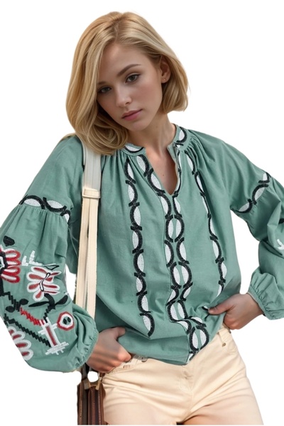 Cassime Broderie verde deschis - Bluză de damă din bumbac cu mânecă lungă albă