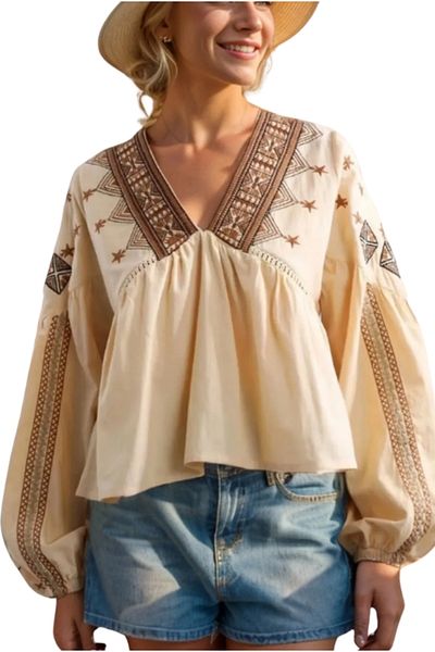 Cassime Καφέ Μπεζ Floral Print - Ethnic Κέντημα Μακριά Βαμβακερή Γυναικεία Μπλούζα