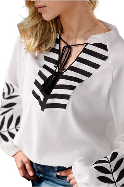 Cassime Women's White Poplin Black Embroidery Ethnic Cotton Blouse