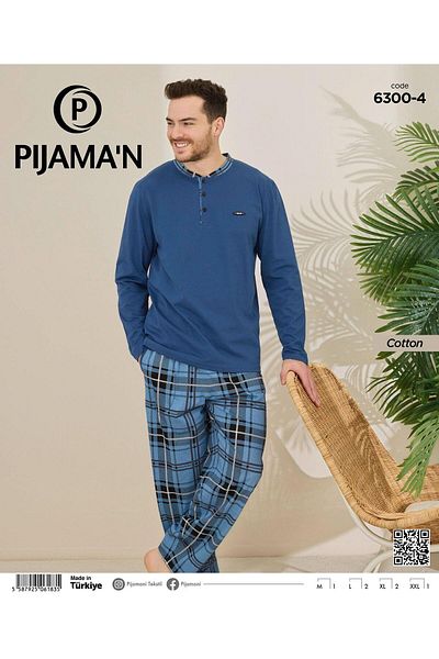 Pijamoni Set pijama subțire pentru bărbați, bumbac, guler cu nasturi, mânecă lungă 100/4 - 1 bucată
