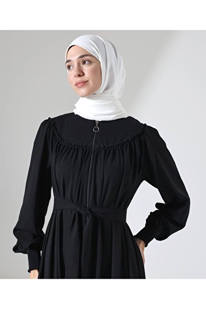 Berel Moda Robă Manșetă Gipe Detaliată Buzunar Dublu Mihrimah Ferace Negru