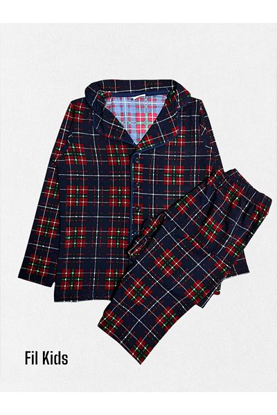 Fil Kids Boy's Cotton Burgundy Plaid Fabric Shirt Collar Buttoned Seasonal Pajamas Set