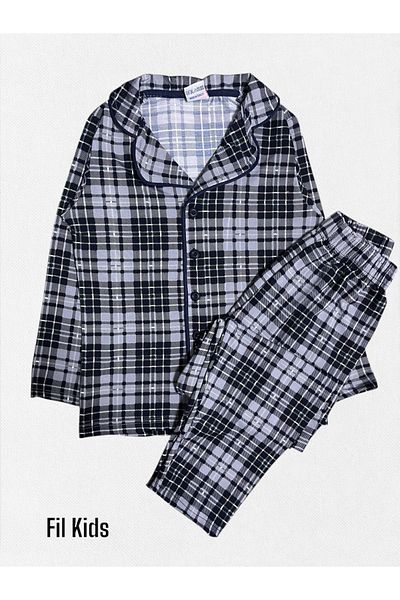Fil Kids Boy's Cotton Gray White Plaid Fabric Shirt Collar Button-Down Seasonal Pajamas Set