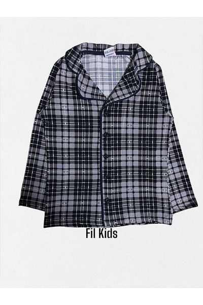 Fil Kids Boy's Cotton Gray White Plaid Fabric Shirt Collar Button-Down Seasonal Pajamas Set
