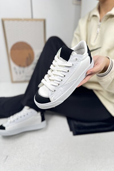 Allyup Pantofi de damă alb și negru - cu șireturi, talpă zimțată, piele de că...