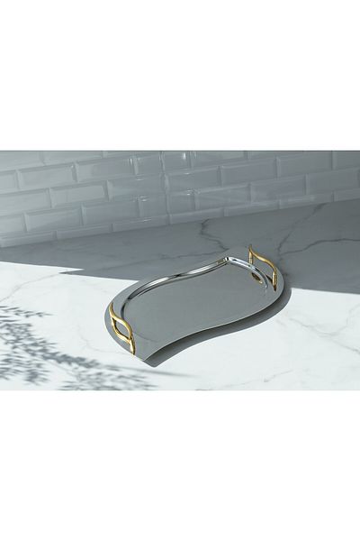 Nehir High quality stainless steel tray set. Consists of 2 pieces. With golden handle