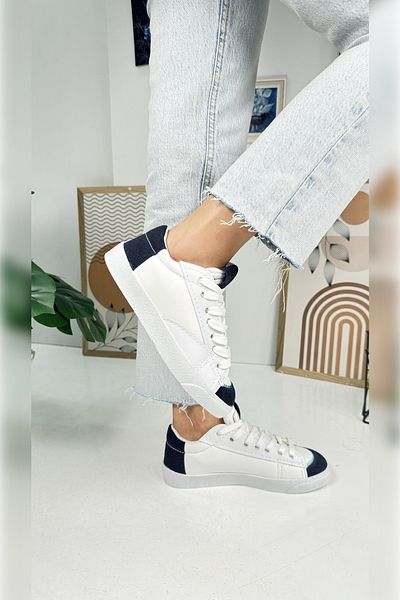 Nstil Pantofi de damă alb bleumarin - pantofi sport de mers cu șireturi și piele de căprioară 07