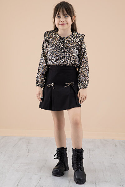 Cansın Mini Leopard Print Blouse and Bow Skirt Girls' Suit 20338
