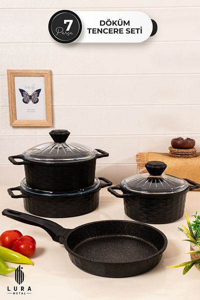Skygo 7 Pieces Granite Cast Black Cookware Set - 3 Layers Granite Finish 28 cm