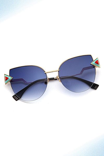 TomyHelf Cat Eyes Design Women's Sunglasses - Gold Frame, Triangular Embroidery Black Glass