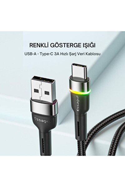 essager Led Işıklı 2 Metre 3a Usb To Type-c Ultra Hızlı Şarj Kablosu,dayanıklı Renkli Led Işıklı Kab