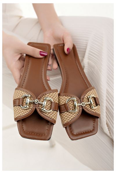 Modafırsat Women's Casual Slippers Tan Weave Straw Knitted Stylish Summer Home Beach Vacation Business Office Slippers