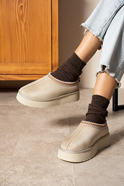 SHOESTEP Oslo Siyah Süet Içi Tüylü Yüksek Düz Taban Bej Yarım Bot&ev Terliği